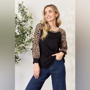 Celeste Leopard Print Long Sleeve Round Neck Black Women's Top